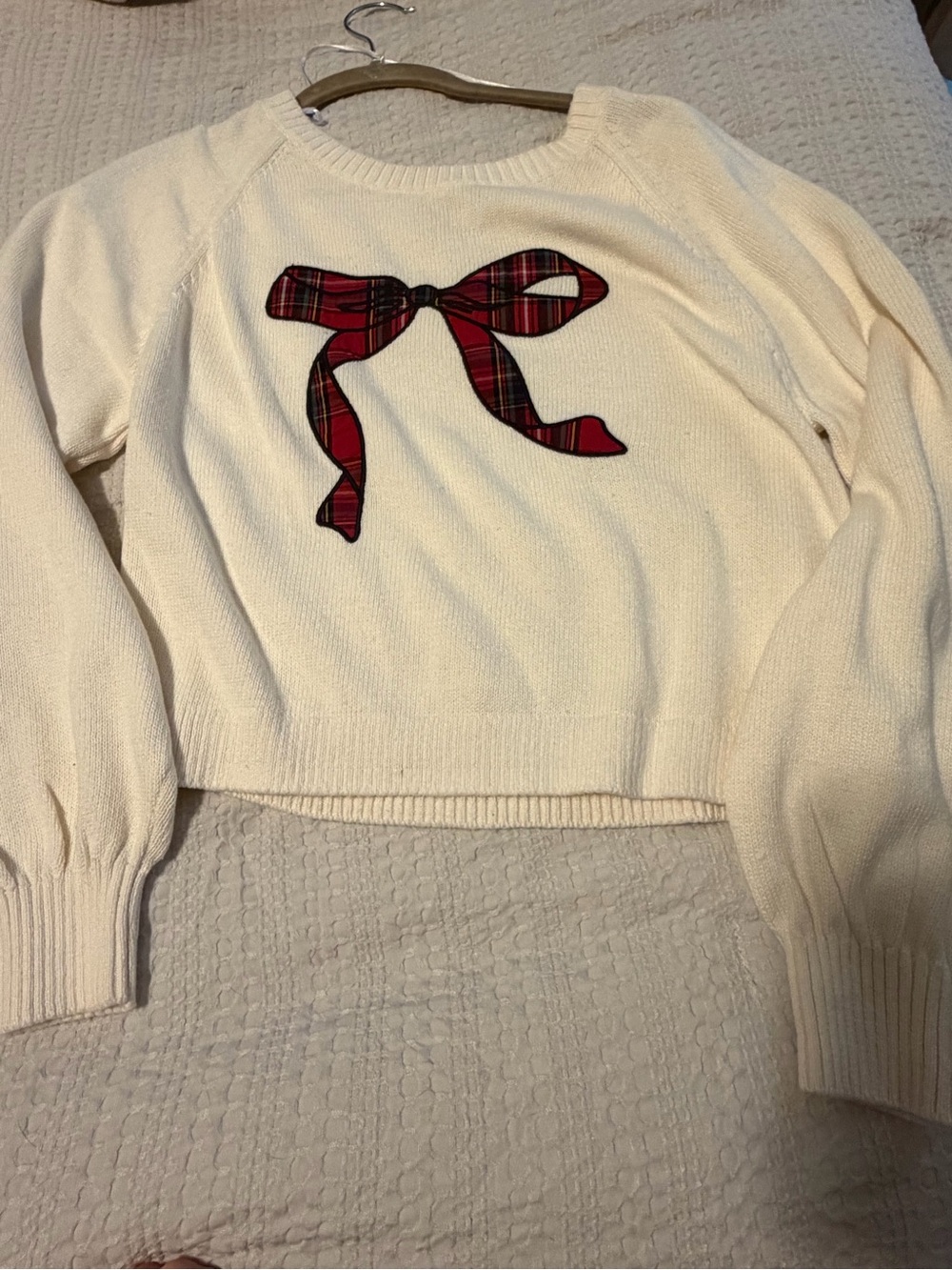 Hollister Cream Crewneck Sweater with Red Plaid Bow